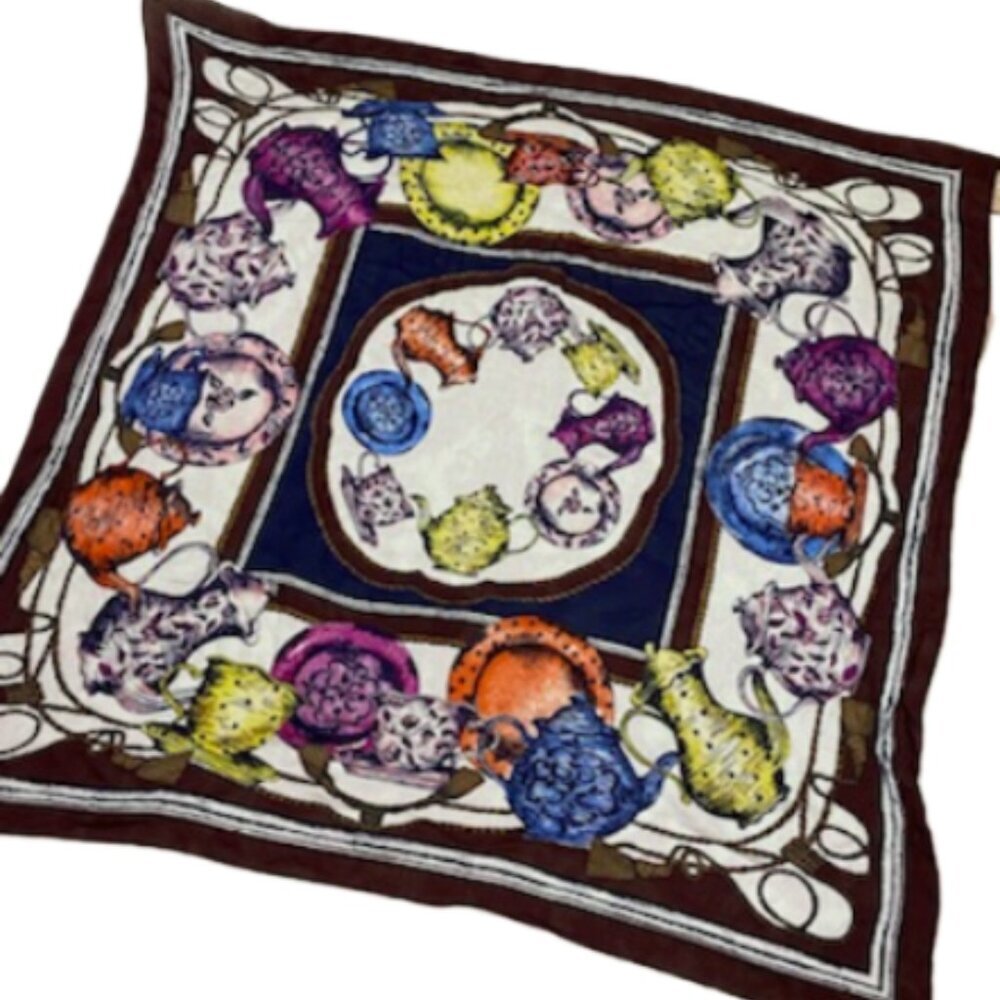 AMAZING Vintage Teapot Teacup Plate Tassel Rope Large 45 Square Scarf Wrap Throw